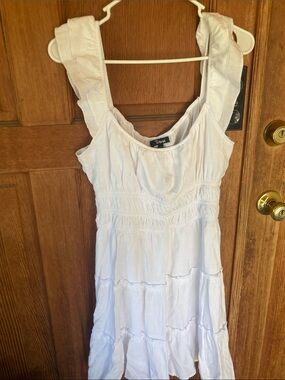 Trixxi White Ruffled Strap Tiered Midi Dress